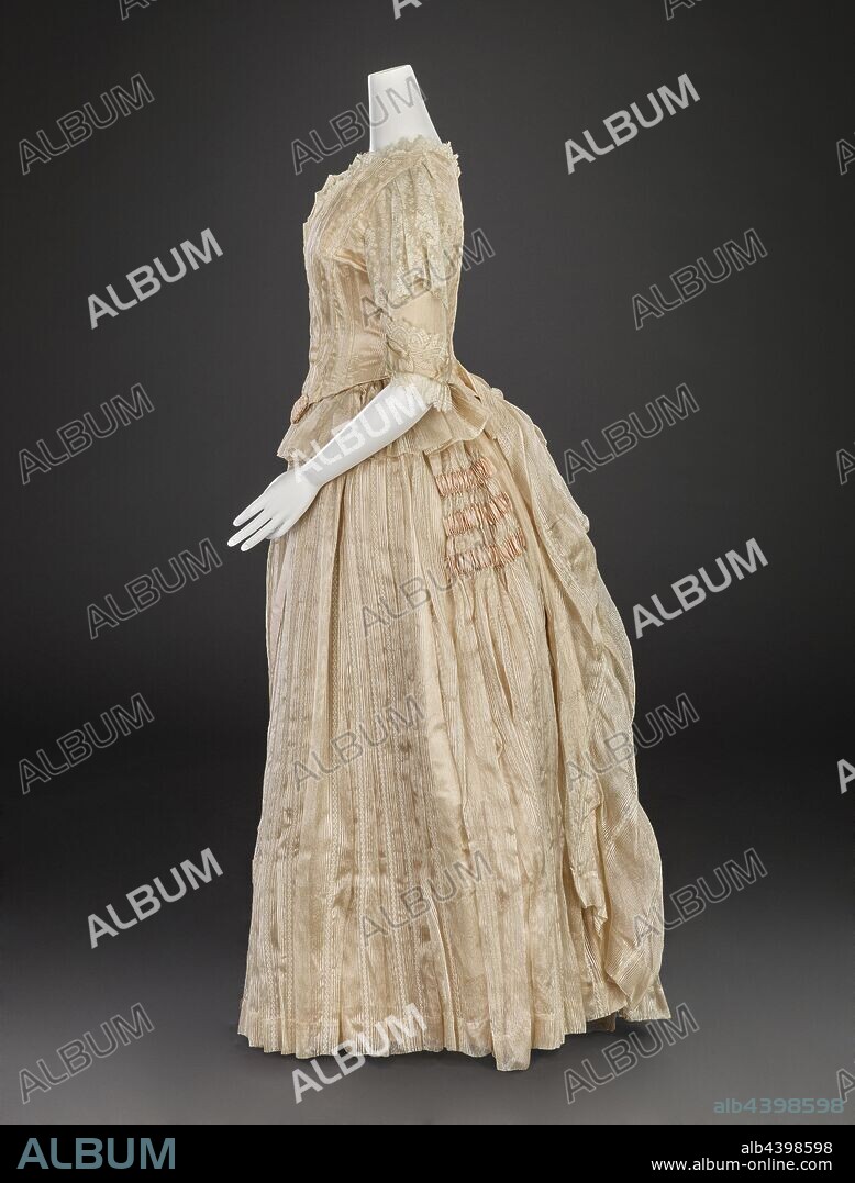 ball gown (bodice, skirt, shawl), Louis Valentin, Dressmaker (American, born Hungarian, about 1859-1937), 1889, silk, lace, A) bodice: center back 31 in., center front 12 in., bust 32 in., waist 23-1/2 in., sleeve length 14-1/2 in., shoulders 11 in. B) skirt: center back 42 in., center front 39-1/2 in., waist 23 in., hips 44 in. C) shawl: 40 x 43 in., A) dress: Label, sewn: Louis Valentin, Boston Label, sewn, black ink: Mary Addison Bybee, Indianapolis Indiana 1889, Textile and Fashion Arts.