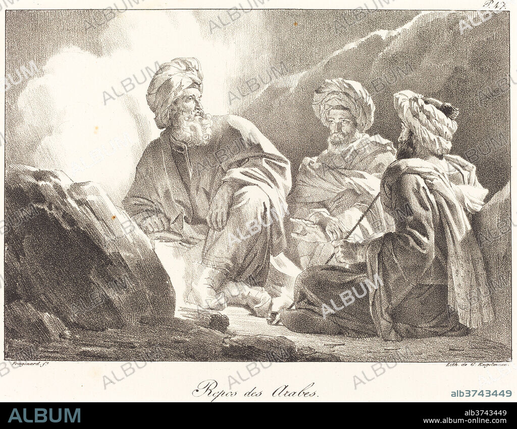 ALEXANDRE-EVARISTE FRAGONARD. Repos des Arabes. Dated: c. 1820. Dimensions: image: 18.2 x 26.4 cm (7 3/16 x 10 3/8 in.)  sheet: 27.7 x 44.5 cm (10 7/8 x 17 1/2 in.). Medium: lithograph on wove paper.