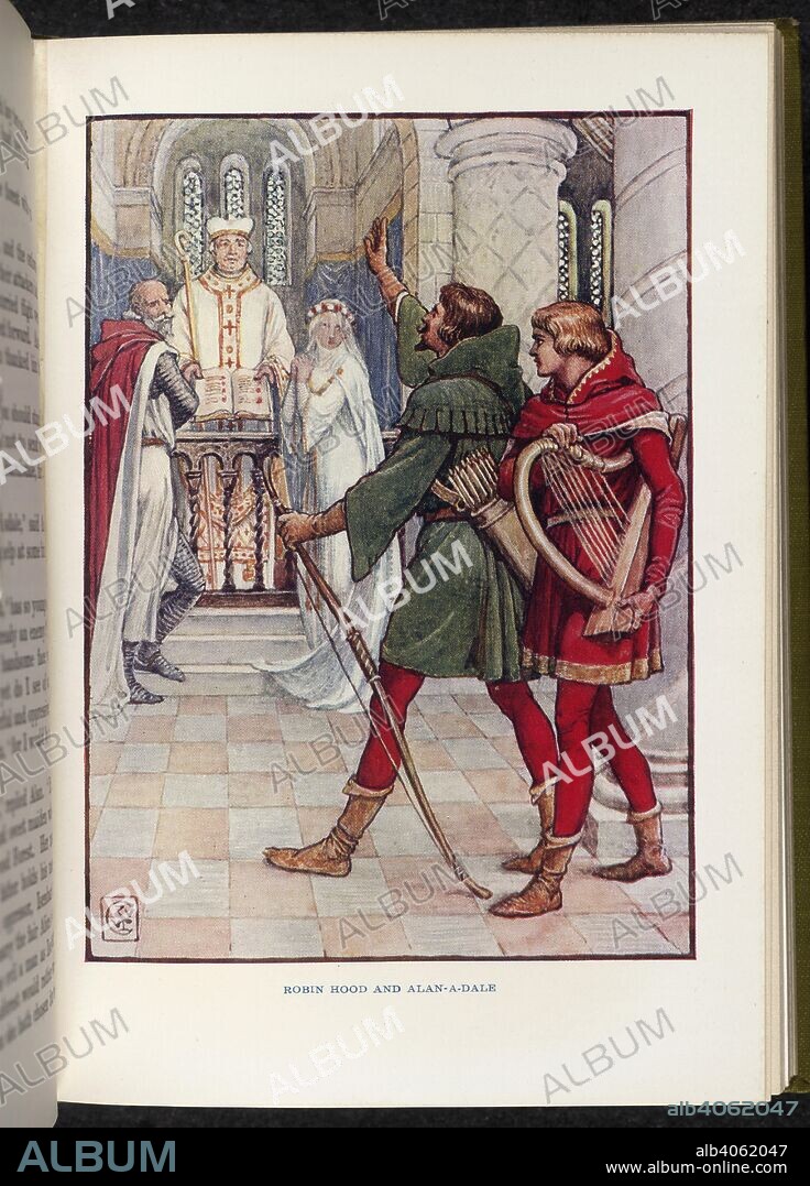 Robin Hood and Alan-A-Dale. Robin Hood and his Merry Men ... With 8 illustrati. 1915. Robin Hood and Alan-A-Dale before a bishop, who is officiating at a wedding.  Image taken from Robin Hood and his Merry Men With 8 illustrations in colour by Walter Crane.  Originally published/produced in 1915. . Source: 12827.h.1/3, opposite 53. Language: English.
