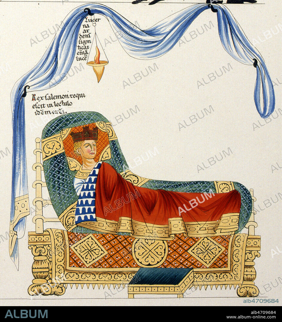 Salomon sur son lit de repos. lampe a huile au dessus de lui. Detail d'une planche du Fac-simile de 1877 de l'ouvrage de HERRADE DE LANDSBERG (abbesse et ecrivain, 1125-1193) 'Hortus Deliciarum' (Jardin des delices), sorte d'Encyclopedie chretienne, premiere encyclopedie ecrite par une femme, un des plus beaux manuscrits alsacien du XIIeme siecle (manuscrit disparu dans l'incendie de la bibliotheque de Strasbourg en 1870). conserve a la bibliotheque municipale de Versailles. Credit : Collection JEAN VIGNE / KHARBINE-TAPABOR.