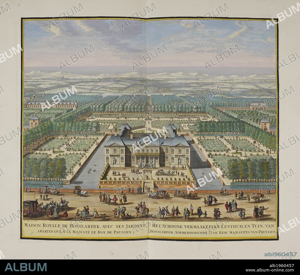 DANIEL STOPENDAAL. The royal palace at Honselaarsdijk and its gardens, belonging to His Majesty the King of Prussia (1710). This view is restricted to the central part of the grounds with the slightly updated palace at the centre. The orangery (left) and stables (right) beyond the outer canal can be glimpsed at the sides, and the aviary for pheasants can be viewed between the woods at the left. A Collection of 33 plans and views of Rotterdam. Amsterdam, 1718. Huis Honselaarsdijk was a palace in Honselersdijk, Holland, Dutch Republic. Source: Maps.C.9.e.8.(25). Language: Dutch.