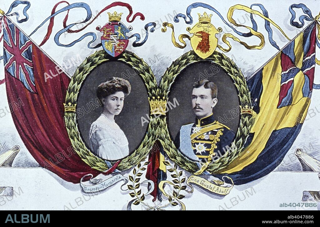 Crown Prince Gustaf Adolf of Sweden and Crown Princess Margaret, 1905. Postcard. Gustaf VI Adolf (1882-1973) was King of Sweden from 1950 until his death. He married Princess Margaret of Connaught (1882-1920), daughter of Arthur, Duke of Connaught, the third son of Queen Victoria, in 1905. To the right of the prince and princess is a picture of Sofiero Castle in Scania, which was given to them as a wedding gift. Gustav Adolf continued to use the castle as his summer residence after he became king.