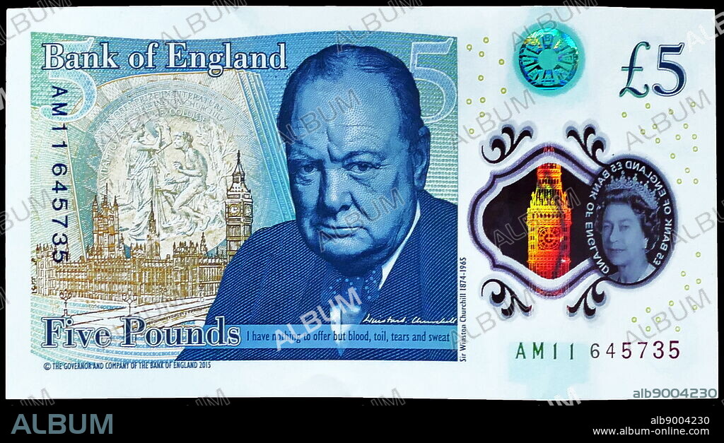 The Bank of England £5 note, is a banknote of the pound sterling. It is the smallest denomination of banknote issued by the Bank of England. In September 2016, a new Bank of England £5 polymer note, was introduced, featuring the image of Queen Elizabeth II on the obverse and a portrait of Winston Churchill (shown here) on the reverse.