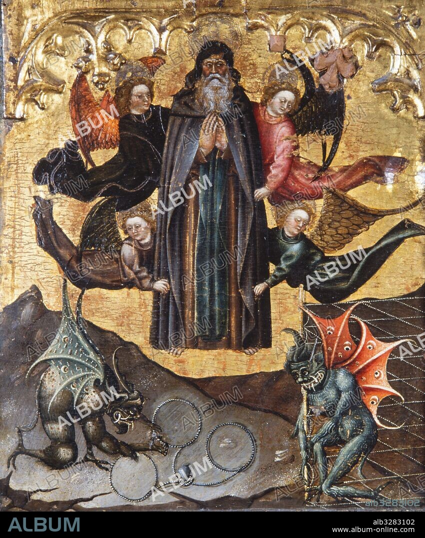 JAUME FERRER I. Retablo de san Antonio Abad y san Pablo. 2/4 del siglo XV. San Antonio Abad tentado por los diablos. Pintura al temple de huevo sobre tabla y dorados. Procede de la iglesia del Salvador de Vilanova de Sixena (Huesca). Museu Diocesà de Lleida.