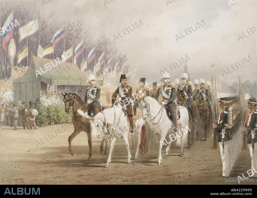 MIHALY ZICHY. '"Alexander II and Nasir al-Din Shah during the Parade in the Field of Mars"'. Series "Nasir al-Din, Shah of Persia, visiting St Petersburg in 1873". Russia, 1873. Dimensions: 25,8x35,7 cm.