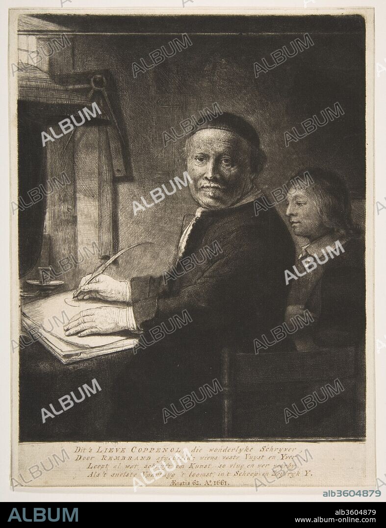 Lieven Willemsz van Coppenol with his Grandson. Artist: Rembrandt (Rembrandt van Rijn) (Dutch, Leiden 1606-1669 Amsterdam). Dimensions: image: 10 1/8 x 7 13/16 in. (25.7 x 19.8 cm)
sheet: 10 1/4 x 7 13/16 in. (26 x 19.8 cm). Date: ca. 1658.