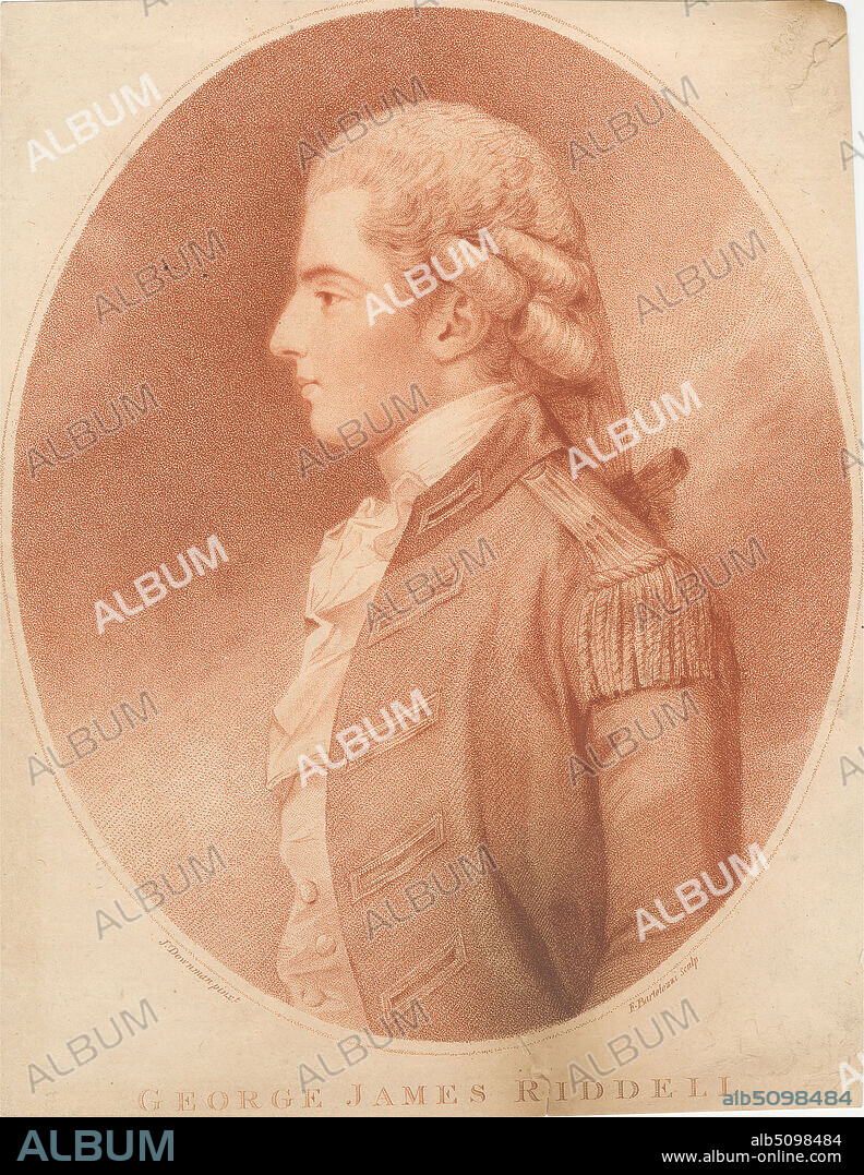 Portrait of Lt. J. G. Riddell, Print made by Francesco Bartolozzi RA, 17281815, Italian, active in Britain (176499), after John Downman, 17501824, British, 1784, Stipple engraving and etching, in red ink on medium, slightly textured, cream wove paper, Sheet: 8 1/8 x 6 1/8 inches (20.6 x 15.5 cm) and Image: 7 3/8 x 6 1/8 inches (18.7 x 15.5 cm), bow (costume accessory), buttonholes, buttons, coat, curls, epaulets, fringe, man, oval, portrait, profile (figure), stock, vest, wig.