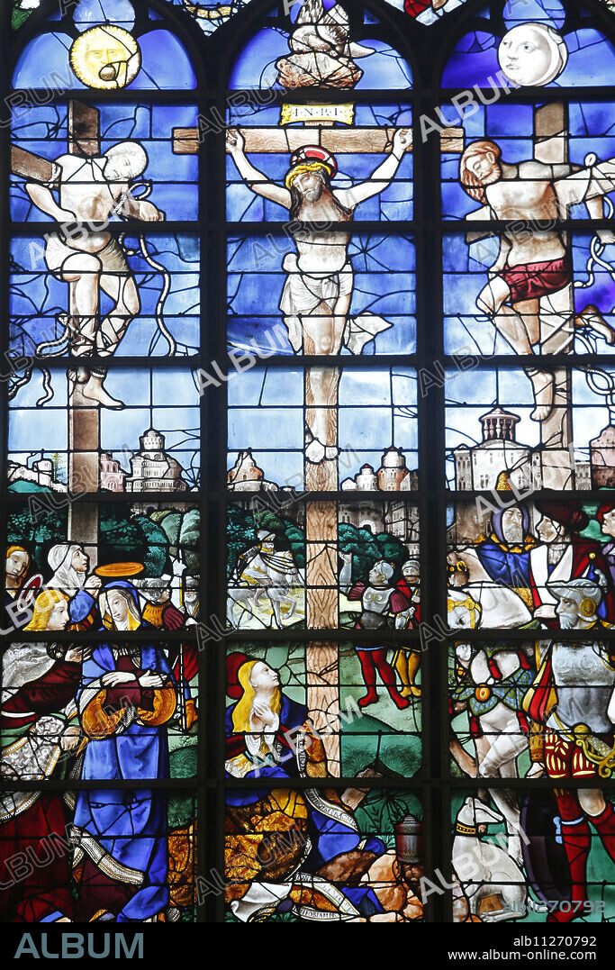 16th-century stained glass windows set in the north wall of Saint Joan of Arc's church, Rouen, Normandy, France, Europe.