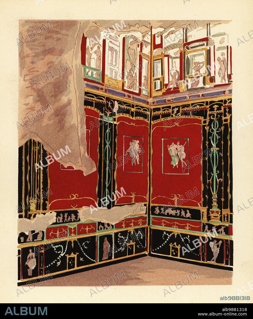 Exedra in the House of the Vetti, Pompeii. Fourth Pompeian Style. Casa dei Vettii or Casa del Domus Vettiorum. Exedra de la maison de Vettii, Region VI.15.1. Quatrieme style. Handcoloured pochoir (stencil) lithograph by Pierre Guzman from his own Decoration murale a Pompei, (Wall decoration at Pompeii), Editions Albert Morance), Paris, 1924.