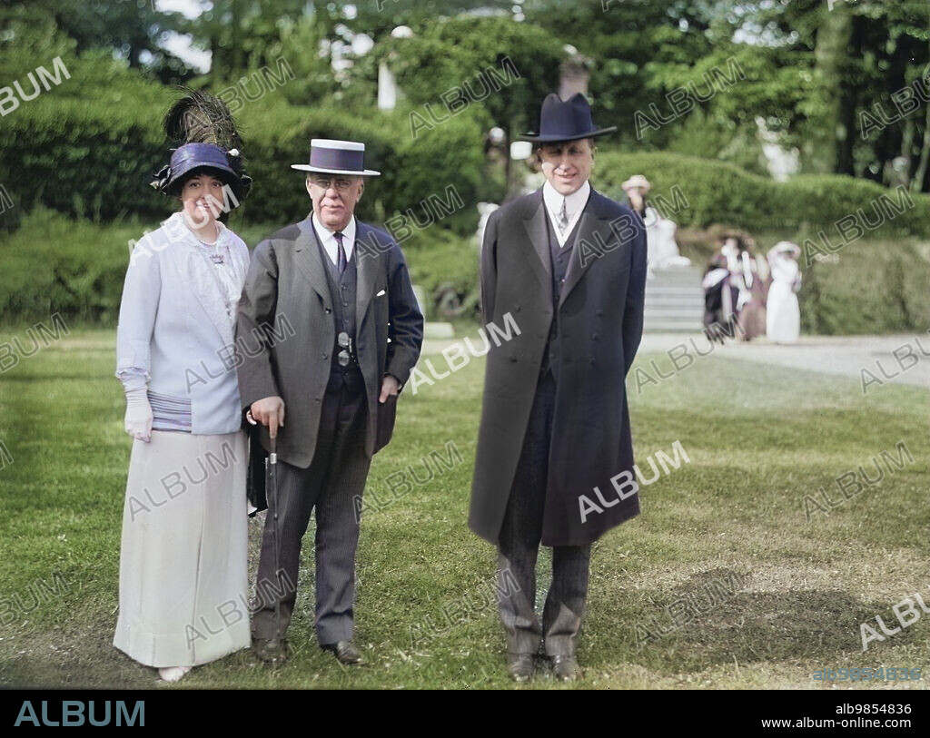 Millicent Hearst and William Randolph Hearst with John R. McLean (center), attending Friendship Charity Fete hosted by John R. McLean at his estate, Washington, D.C, USA, Harris & Ewing, 1913.