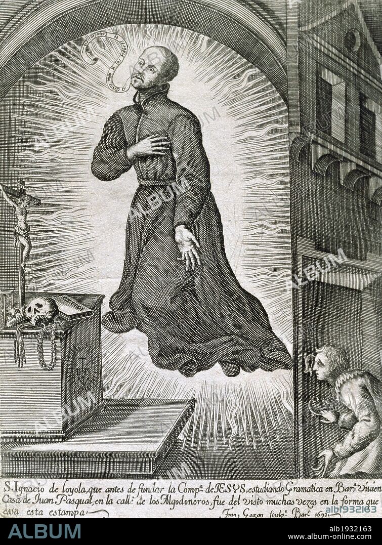 IGNACIO DE LOYOLA, San (Iñigo López de Loyola). (Loyola-Azpeitia, 1491-Roma, 1556). Fundador de la Compañía de Jesús (1537). Fue canonizado en 1622. "SAN IGNACIO LEVITANDO". Grabado del año 1693.