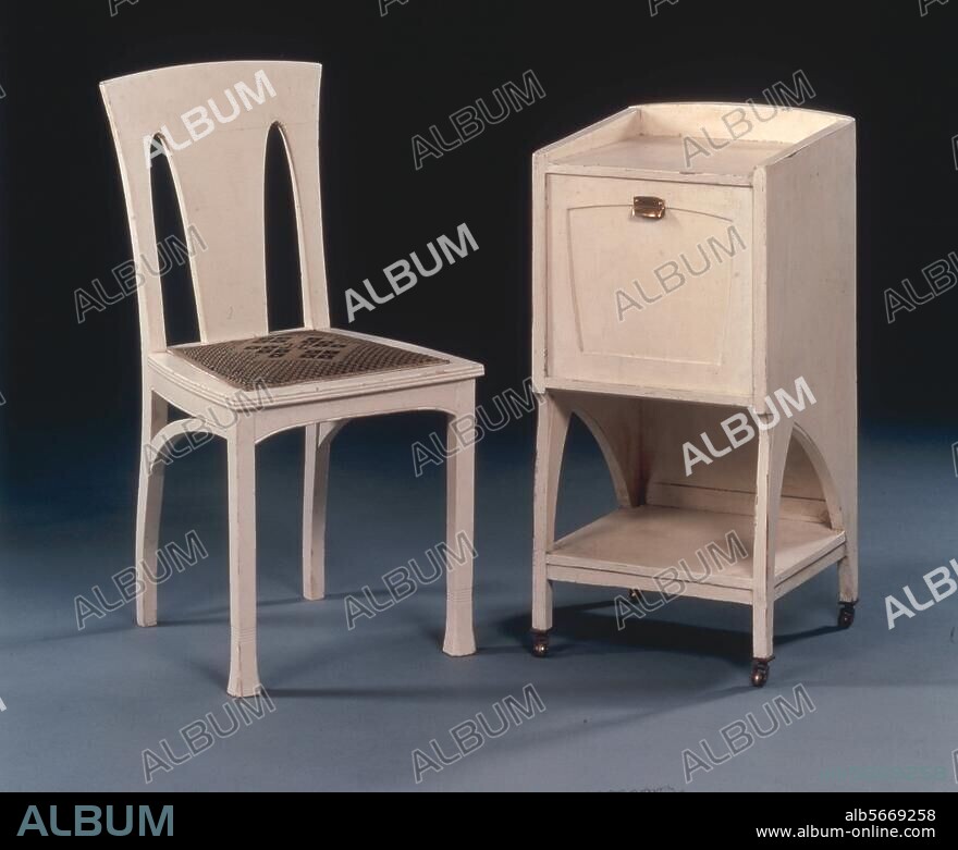 Wohnung / Möbel. Links: Stuhl aus dem Speisezimmer des Dichters R.Dehmel, Hamburg, 1903. Entwurf: Peter Behrens. Höhe 90 cm. Rechts: Nachttisch aus dem Schlafzimmer des Schriftstellers Max von Münchhausen, 1902/03. Entwurf: Henry van de Velde. Holz, Höhe 83,25 cm. Kunsthandel London, Sotheby's, 1. November 1996, Lot 8 u. 9.