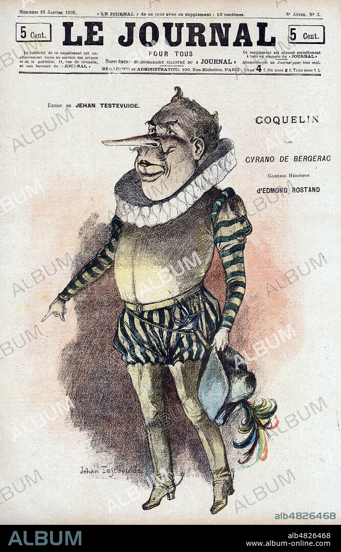 COQUELIN Aine (1841-1909) dans Cyrano de Bergerac d'Edmond ROSTAND (1868-1918). Caricature de Jehan TESTEVUIDE (1873-1922) pour Le Journal pour tous du 12 mai 1897. Credit : Collection Jonas/Kharbine-Tapabor.