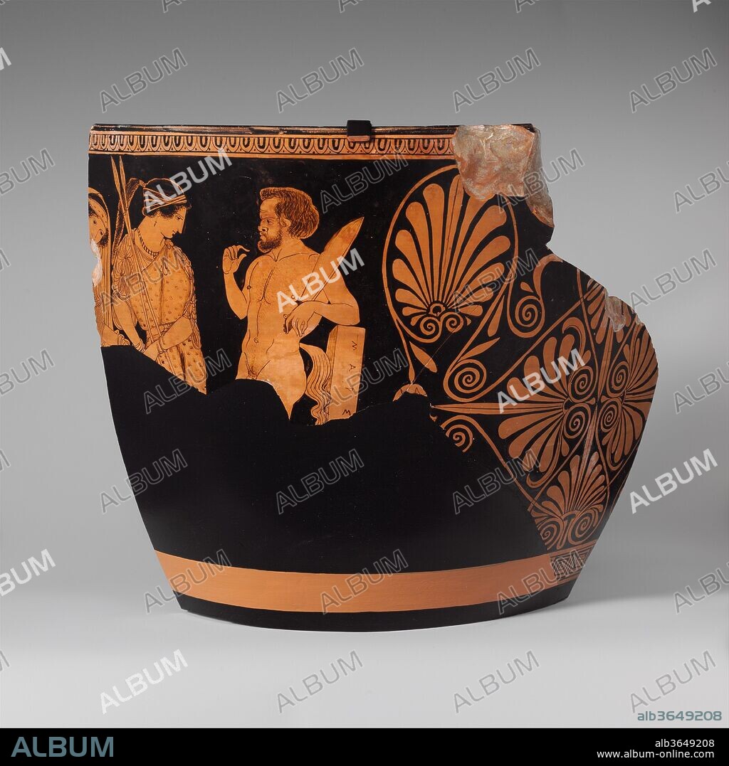 Two fragments of a terracotta skyphos (deep drinking cup). Culture: Greek, South Italian, Lucanian. Dimensions: H. 11 1/2 in. (29.2 cm)
diameter  16 in. (40.6 cm). Date: ca. 420-400 B.C..
The punishment of Marsyas
Incomplete though it is, this beautiful work illustrates the South Italian predilection for large vases and the ample surface they provide for decoration. The goddess Athena invented the double flutes but rejected them because her face was disfigured when she played them. The satyr Marsyas mastered the instrument and in time challenged the god Apollo to a contest. Marsyas lost and was flayed for his presumption. On one side of the skyphos, Artemis and Leto, sister and mother of Apollo, face the satyr who leans on a pillar inscribed with his name and holds a large knife. The other side preserves much of Athena, with her martial attributes, seated pensively on a rock.