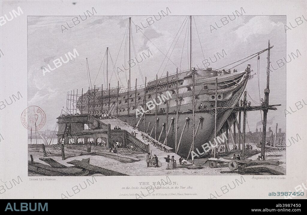 The 'Nelson' at the Royal Dockyard, Woolwich, London, 1815. The 'Nelson' in dry dock undergoing repairs.