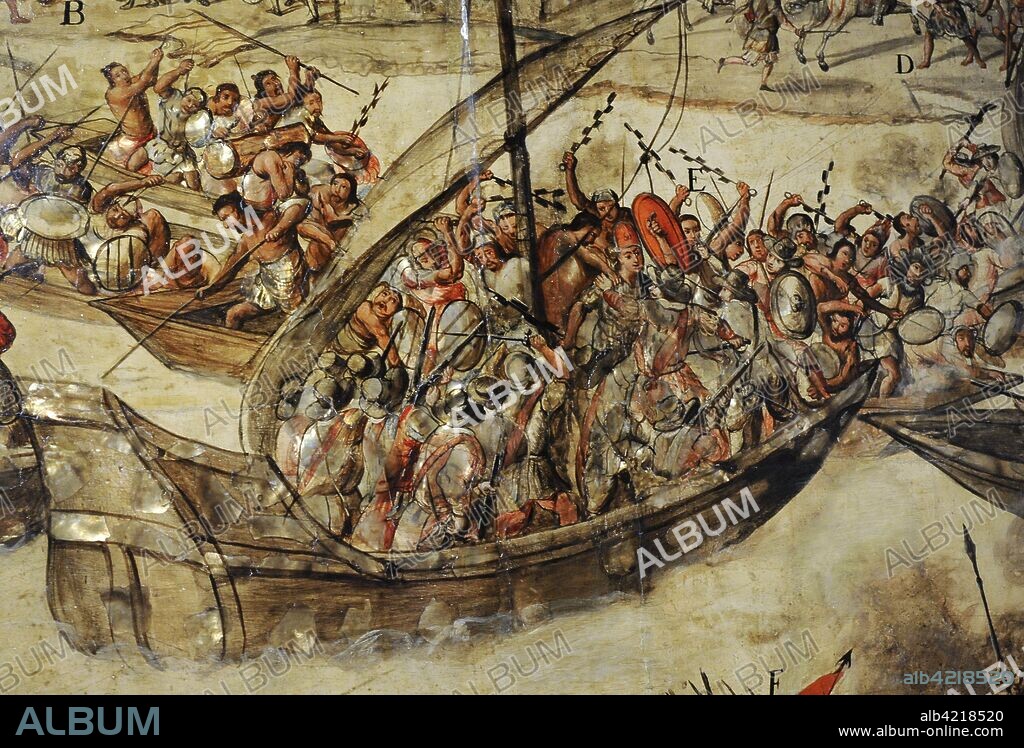 Título: Conquista de México. Autor: Anónimo. Tabla, pintura al óleo, nácar. Técnica: Enconchado. Detalle de enfrentamiento naval. 1676-1700. Escuela Mexicana. Virreinato de la Nueva España. México. América del Norte. Museo de América. Madrid. España.