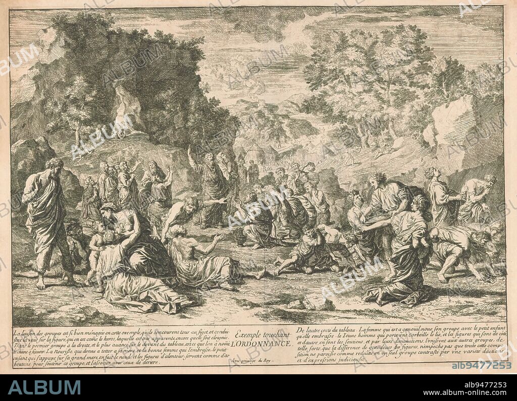 Gathering the manna in the desert., print maker: Henri Testelin, after design by: Nicolas Poussin, Franse kroon, (mentioned on object), France, 1639 - 1695, paper, etching, height 325 mm × width 450 mm.