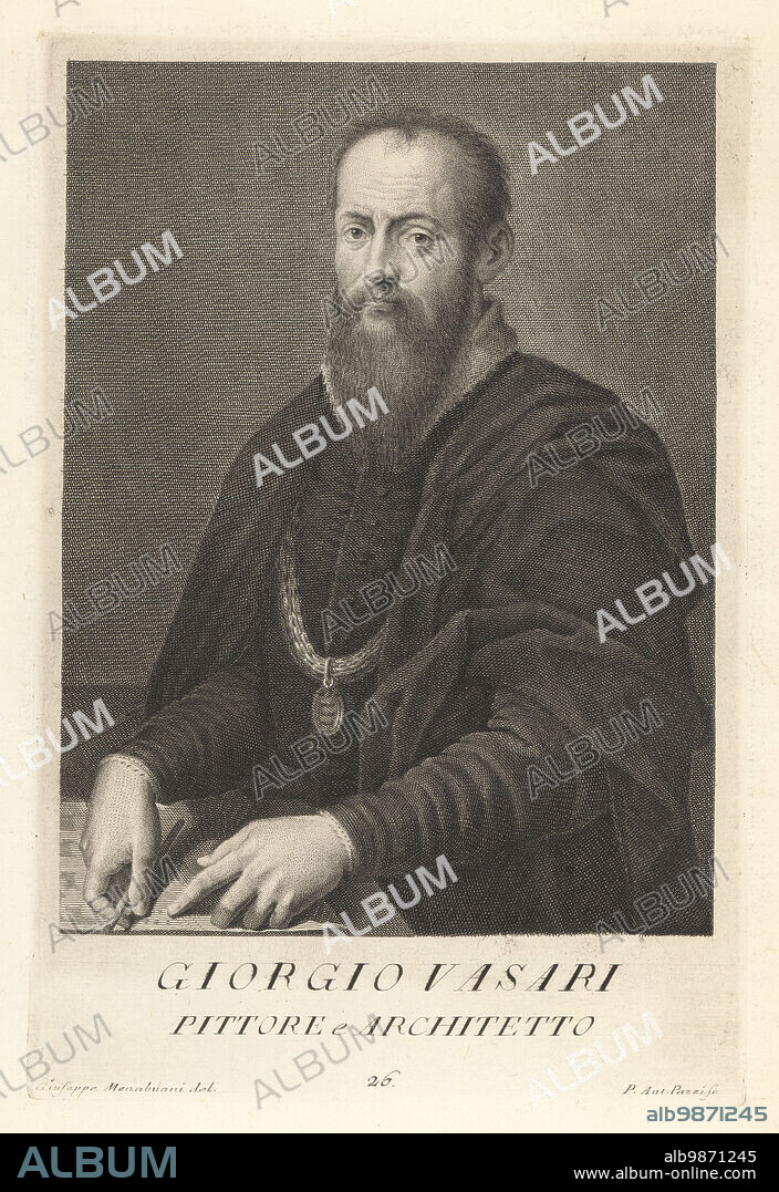 Giorgio Vasari, Italian Renaissance Master, who worked as a painter, architect, engineer, writer, and historian, 1511-1574. Author of The Lives of the Most Excellent Painters, 1550. Pittore e Architetto. Copperplate engraving by Pietro Antonio Pazzi after Giovanni Domenico Campiglia after a self portrait by the artist from Francesco Moucke's Museo Florentino (Museum Florentinum), Serie di Ritratti de Pittori (Series of Portraits of Painters) stamperia Mouckiana, Florence, 1752-62.