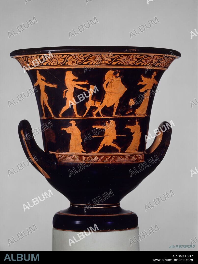 Terracotta calyx-krater (bowl for mixing wine and water). Culture: Greek, Attic. Dimensions: Overall: 14 1/4 x 14in. (36.2 x 35.5cm). Date: ca. 440 B.C..
Above, obverse, Odysseus pursuing Circe; reverse, women and king
Below, obverse, man between women; reverse, youth and women
The primary and most interesting scene on this two-row krater shows Odysseus pursuing the enchantress Circe. In the air between them are Circe's magic wand and the skyphos (deep drinking cup) that contains the potion with which she transforms men into animals. Behind Odysseus, two of his men with features of a boar and a horse or mule gesticulate toward him. The pursuit may also be mythological.