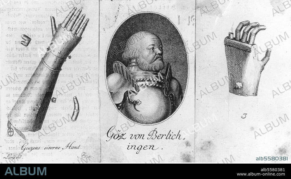 Berlichingen, Götz von. (der Ritter mit der Eisernen Hand). fränk. Reichsritter Jagsthausen 1480 - Schloß Hornberg 23.7.1562. Porträt und Abbildung der Eisernen Hand. Kupferstich, um 1810, nach Zeichnung von Lang.