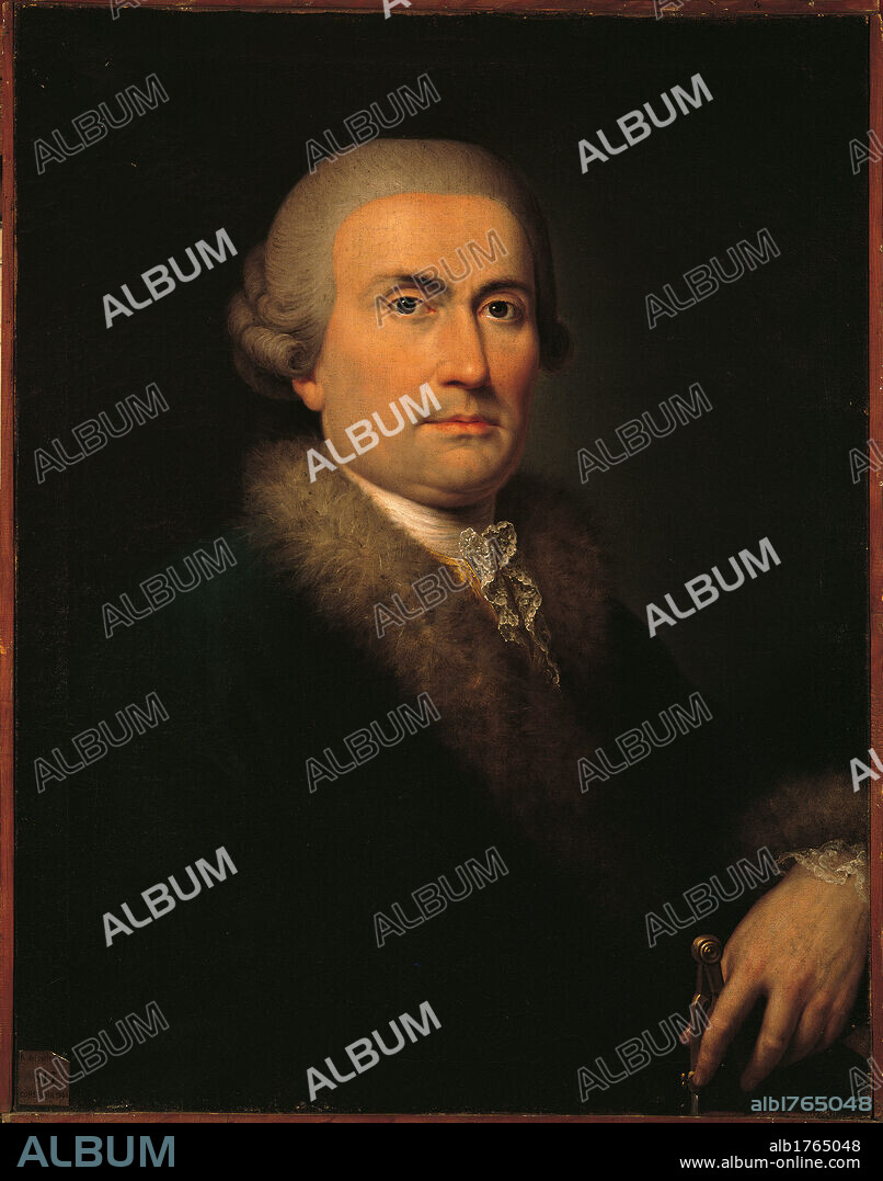 Portrait of Architect Giuseppe Piermarini (1734 1808), by Martin Knoller, 1750-1799 about, 18th Century, oil on canvas,. Italy, Lombardy, Milan, La Scala Theatre Museum. All. Portrait architect Giuseppe Piermarini face hand fur lace shade.