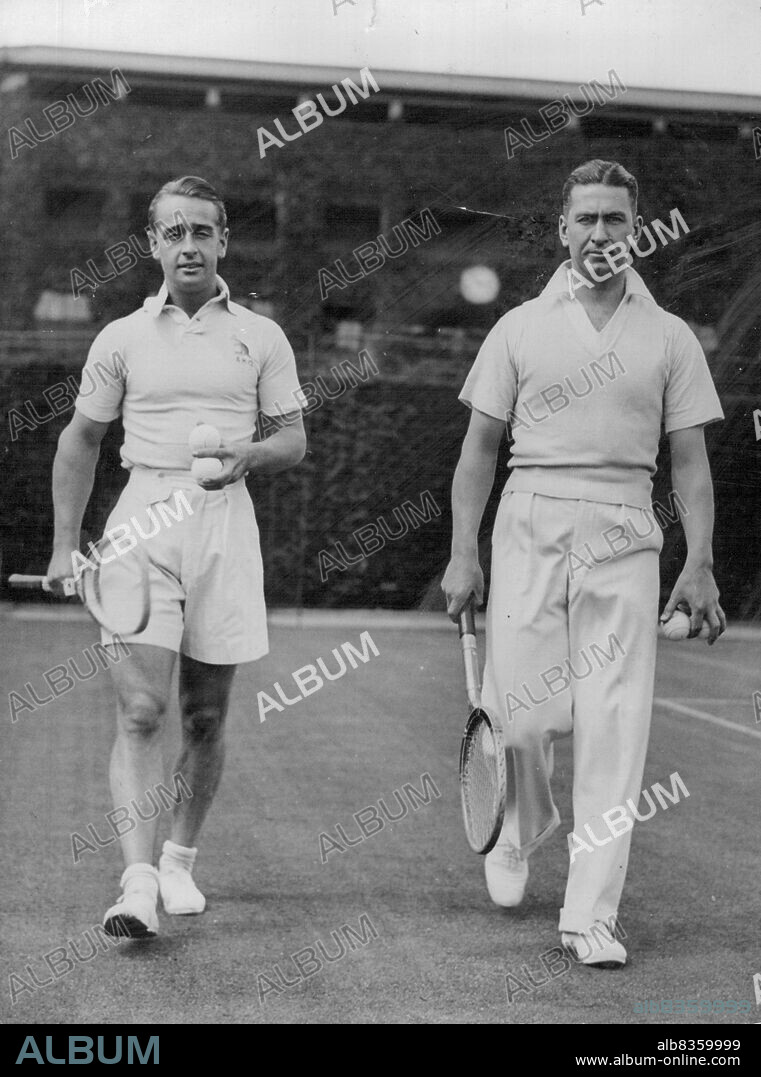 Australian Team In Practice - A.K. Quist (left) and C. Sproule (right) after a little practice with other members of the Australian team in preparation for the coming tournaments. In the background can be seen the centre court at Wimbledon. A recent picture from London of Adrian Quist (left) and Cliff Sproule, taken during training, It is hoped that Quist will be fit for the Davis Cup challenge round against England. Sproule, who runs the overseas credit department of the bank, was selected early in the week as manager of Australia's Davis Cup team for this year's challenge. He was not opposed for the job. July 23, 1936.
