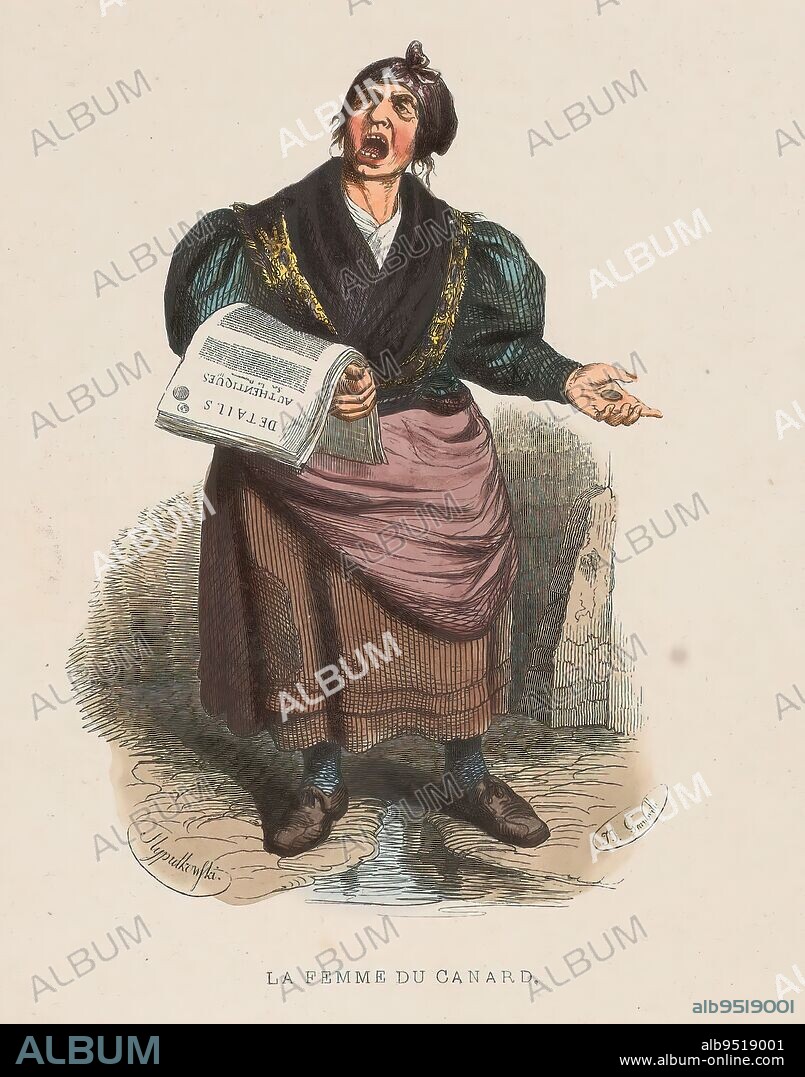 Newspaper seller, La femme du canard (title on object), On the street stands a woman wearing a headscarf. Over her right arm lies a stack of newspapers., print maker: Lucien Xavier Stypulkowski, (mentioned on object), after design by: Jean Ignace Isidore Gérard Grandville, (mentioned on object), 1816 - 1849, paper, height 242 mm × width 157 mm.