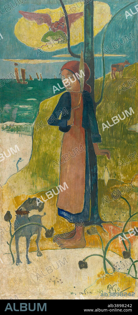 PAUL GAUGUIN. Jeanne d'Arc, ou Jeune Bretonne au rouet / Breton Girl Spinning. Date/Period: 1889. Painting. Oil on plaster mounted on wood. Height: 134 cm (52.7 in); Width: 62 cm (24.4 in).