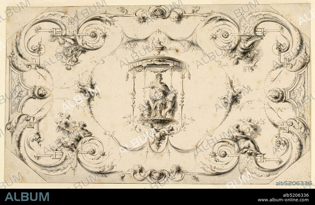Design for the Decoration of an Oblong Octagonal Ceiling, Henri Salembier, French, 1753 - 1820, Pen and black ink with brush and ink wash on paper, A classical warrior accompanied by two figures is on a bracket in a pavilion in the center. Two satyrs are shown on the bracket. Circular motifs surround the central motif. Four female figures, possibly Muses, accompanied by putti, are seated at the corners, leaning against spirals. Lambrequins at their feet change into lines and terminate in grotesque masks. The subject may possibly represent Minerva and the Four Virtues., ca. 1775, interiors, Drawing, Drawing.