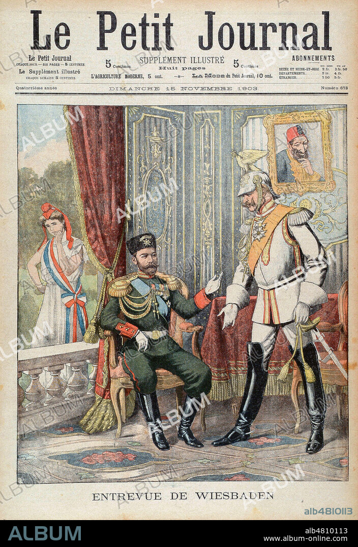 'Entrevue de Wiesbaden'. Visite de courtoisie du Tsar de Russie Nicolas II (1868-1918) a Guillaume II (1888-1918), roi de Prusse et empereur allemand. Illustration de presse (chromotypographie) dans Le Petit Journal (15/11/1903). Credit : Collection Kharbine-Tapabor.