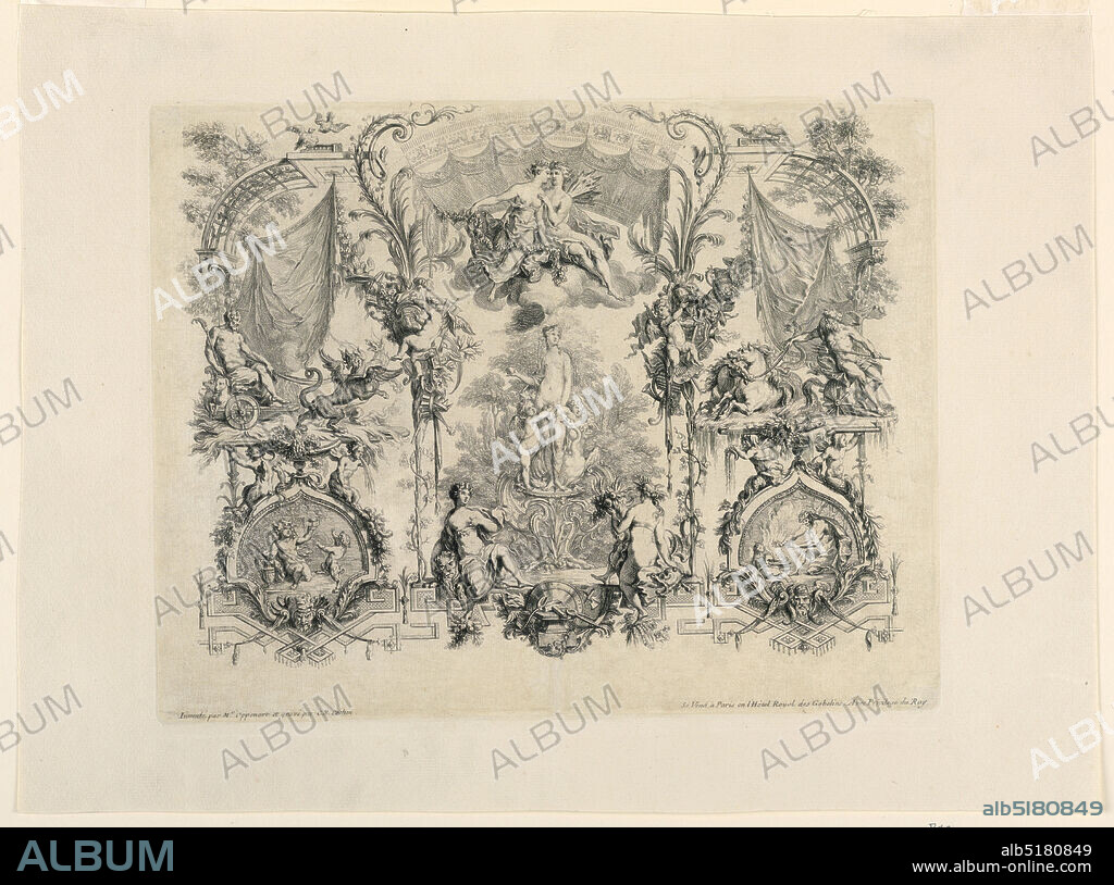 Design for Tapestry, Charles-Nicolas Cochin the elder, French, 1688 - 1754, Gilles-Marie Oppenord, French, 16721742, Etching on paper, A lofty central arch is flanked by two lower and narrower ones. A statue of Venus holding an apple accompanied by puttos and birds, is shown under Flora and Zephyr upon clouds, in the center. Cybele and a girl holding a cornucopia and accompanied by a dragon are seated in the foreground beside an anvil with a smith's tools and weapons. At left: Pluto rides in a chariot drawn by dragons over a representation of Autumn, Bacchus as a boy and satyr children. At right: Neptune riding over the sea, over a representation of Winter, an old man warming himself at a fire., France, 1720-1750, Print, Print.
