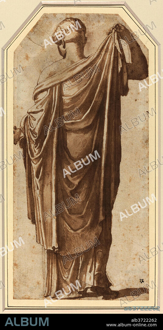 ATTRIBUTED TO NICOLAS POUSSIN. Female Roman Statue Seen from the Back. Dimensions: overall (lunette): 25 x 11.9 cm (9 13/16 x 4 11/16 in.). Medium: pen and brush with brown ink over black chalk on laid paper.