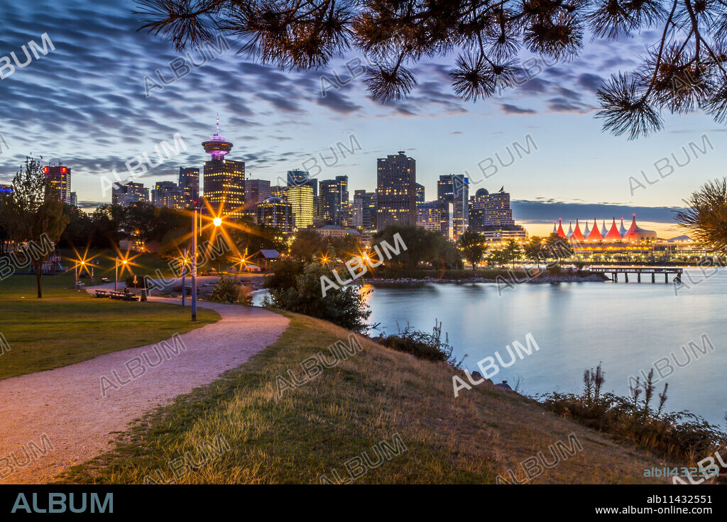 View of city skyline and Vancouver Lookout Tower from CRAB Park at Portside, Vancouver, British Columbia, Canada, North America.