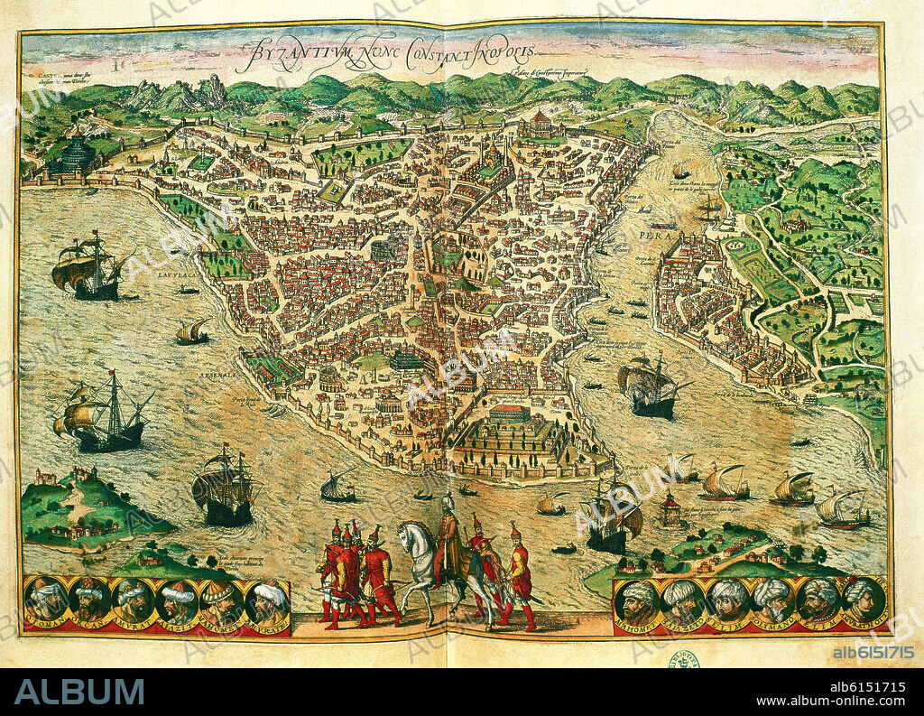 GEORG BRAUN 1541-1622 / FRANS HOGENBERG. CIVITATES ORBIS TERRARUM - CONSTANTINOPLA - GRABADO - SIGLO XVI - RENACIMIENTO FLAMENCO.