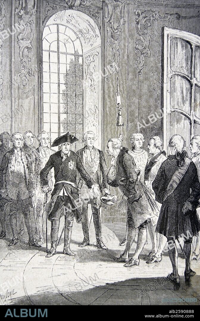 Jean le Rond d'Alembert (1717-1783) French scientist and philosopher: co-editor with Diderot of the ''Encyclopedie', received by Frederick the Great in Berlin. Engraving, Paris, 1874.  Photo by: .