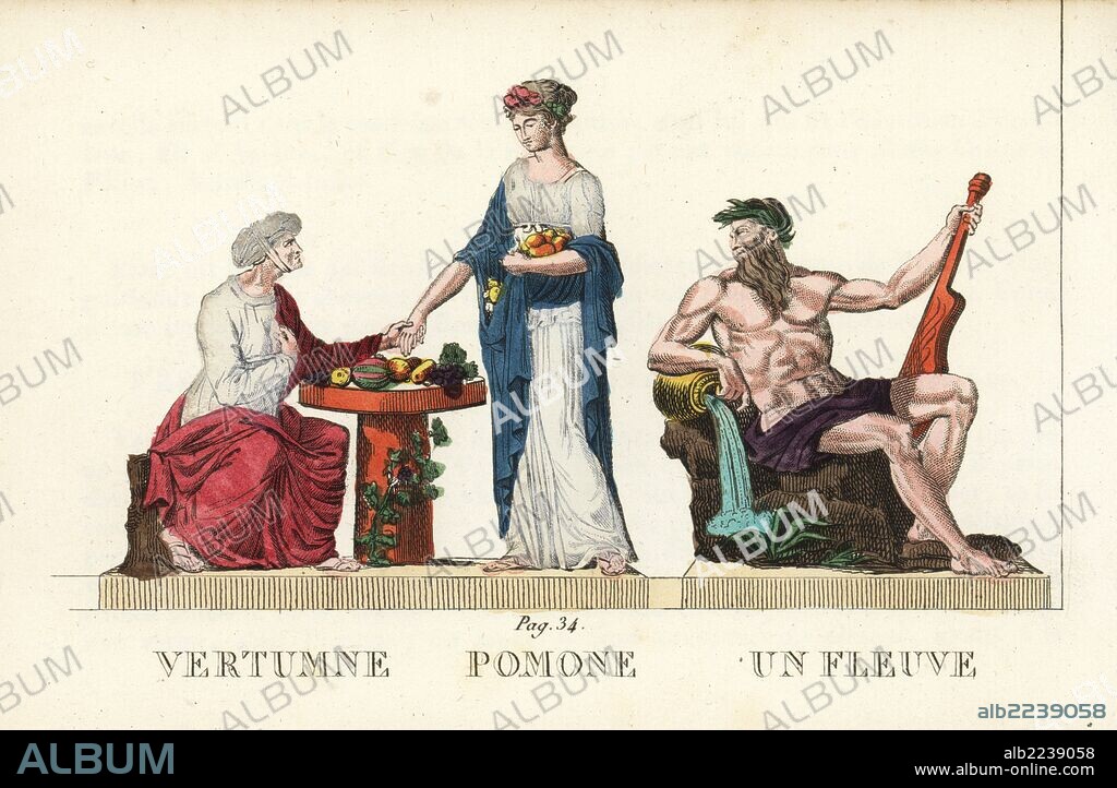 Vertumnus, Pomona and a Greek river god, classical gods of the seasons, fruit and rivers. Handcoloured copperplate engraving engraved by Jacques Louis Constant Lacerf after illustrations by Leonard Defraine from "La Mythologie en Estampes" (Mythology in Prints, or Figures of Fabled Gods), Chez P. Blanchard, Paris, c.1820.