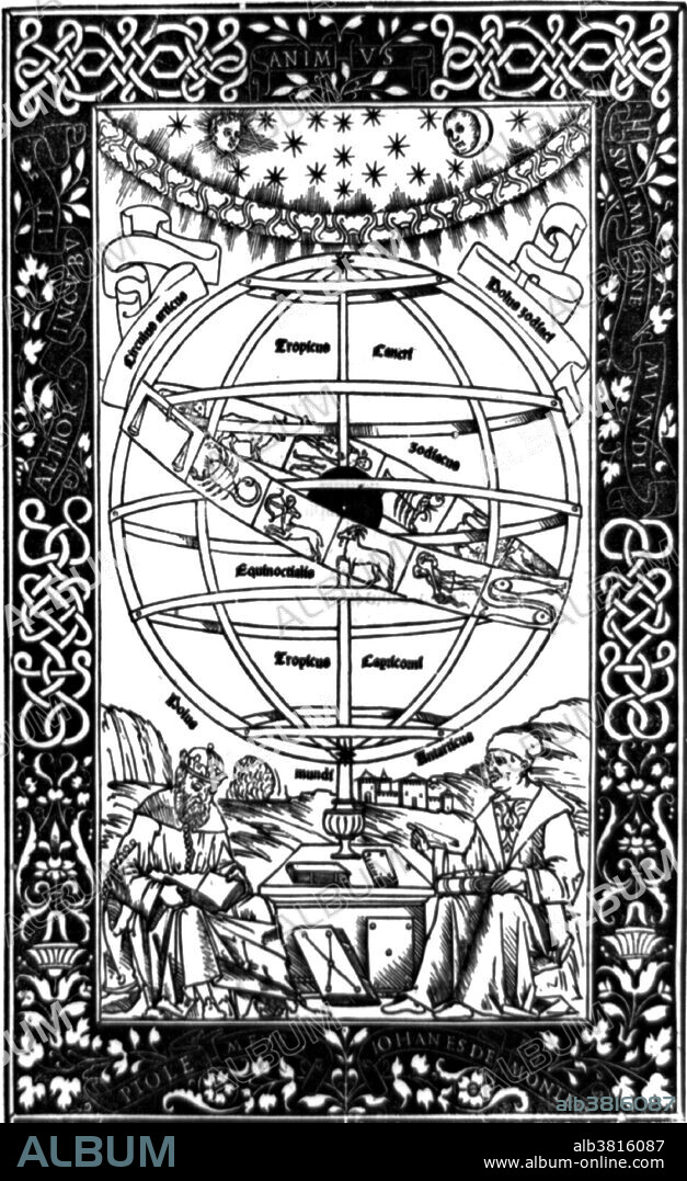Frontispiece of Regiomontanus' "Epitome of the Almagest" depicting Ptolemy and Regiomontanus sitting beneath an armillary sphere. Claudius Ptolemy (90-168 AD), was a Greek-Roman mathematician, astronomer, geographer, and astrologer. His astronomical treatise, the Almagest, is the only surviving comprehensive ancient treatise on astronomy. Few details of Ptolemy's private life are known for certain. Johannes Muller von Konigsberg (June 6, 1436 - July 6 1476) best known as Regiomontanus, was a German mathematician, astronomer, astrologer, translator, and Catholic bishop. He was a pupil and friend of Georg von Peurbach. Peurbach began to prepare a summary and commentary on the Almagest. He died after completing only six books and Regiomontanus continued the task. When it was published in 1496, the Epitome of the Almagest made the highest levels of Ptolemaic astronomy widely accessible to European astronomers for the first time. He died of unknown causes in 1476 at the age of 40.
