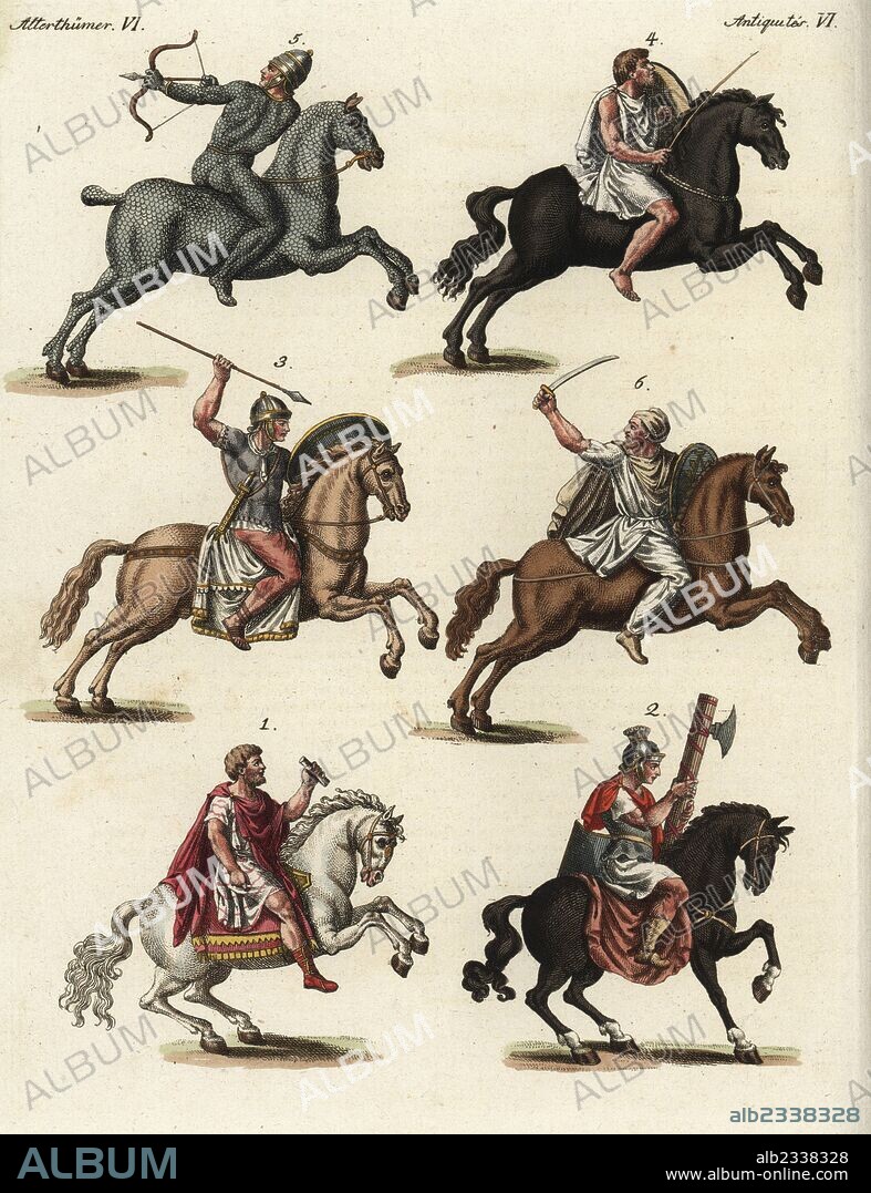 Roman general 1, fasces bearer 2, Roman cavalry 3, Numidian cavalry 4, rider and horse in suit of scale armour 5, and Dacian cavalry 6. Handcoloured copperplate engraving from Friedrich Johann Bertuch's Bilderbuch fur Kinder (Picture Book for Children), Weimar, 1795.