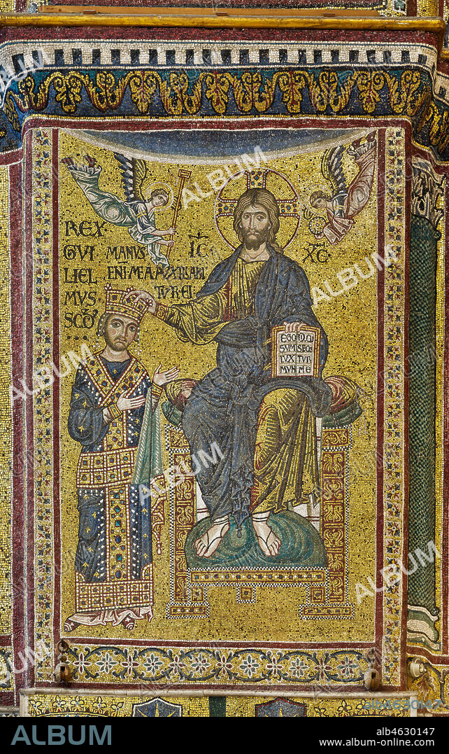 Monreale Cathedral, transept: the Byzantine mosaic which depicts King William II crowned by Christ.. The mosaics of the Cathedral were made between the twelfth and mid-thirteenth century by partly local and partly Venetian workers, trained at the Byzantine school.