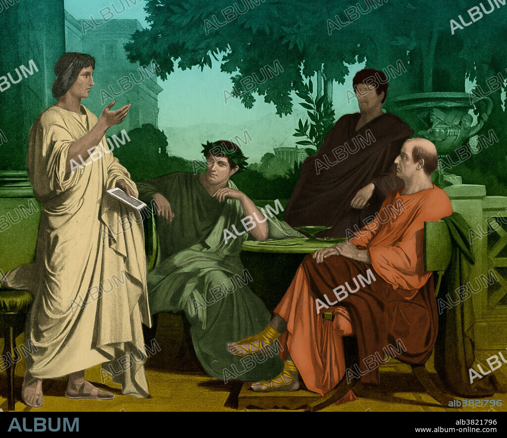 Virgil, Horace and Varius at the house of Maecenas.