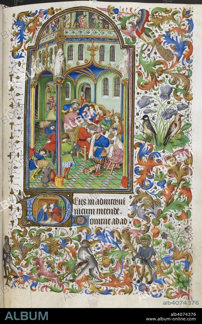 Marriage Feast at Cana. Saluces Hours. Italy [Savoy]; middle of 15th century. [Whole folio] Office of Prime of the Virgin. Marriage feast at Cana.Text with initial 'D', the Nativity. Borders of floral decoration, with birds, grotesques, and two monkeys with swords. Probably produced for AmadÃ©e de Saluces, daughter of Manfroy, Seigneur de CardÃ© Image taken from Saluces Hours. Originally published/produced in Italy [Savoy]; middle of 15th century. Source: Add. 27697, f.49. Language: Latin.