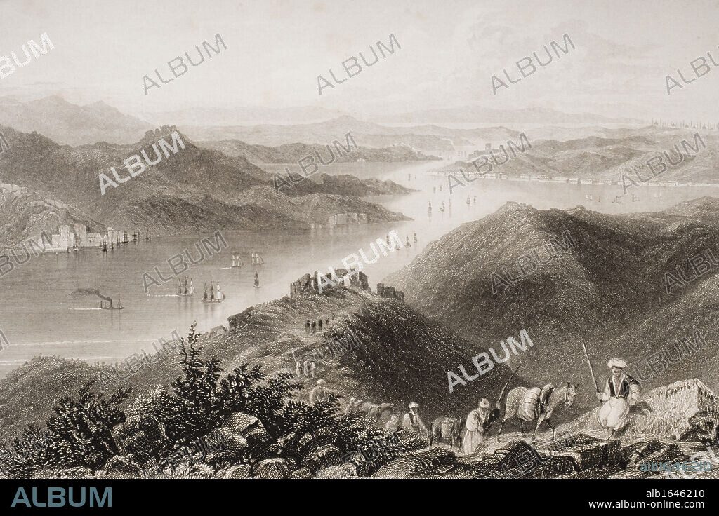The Bosphorous, opposite The Genoese Castle. Engraved by E. Benjamin after W.H. Bartlett.