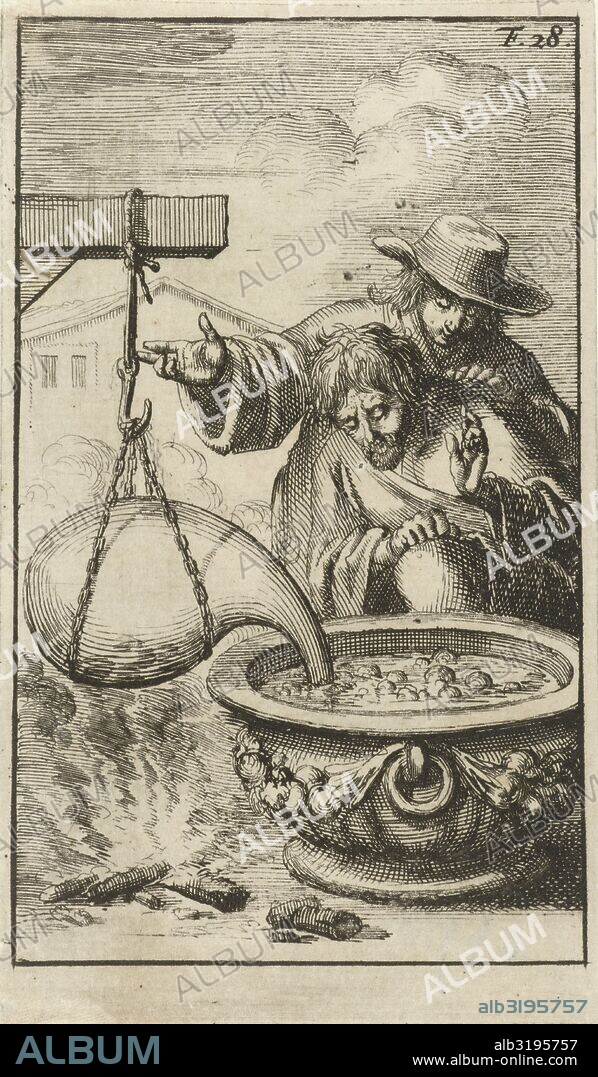 Two men attentively watching the bubbles caused by gases with water in a cooling vessel, Jan Luyken, Jacob Claus, 1688.