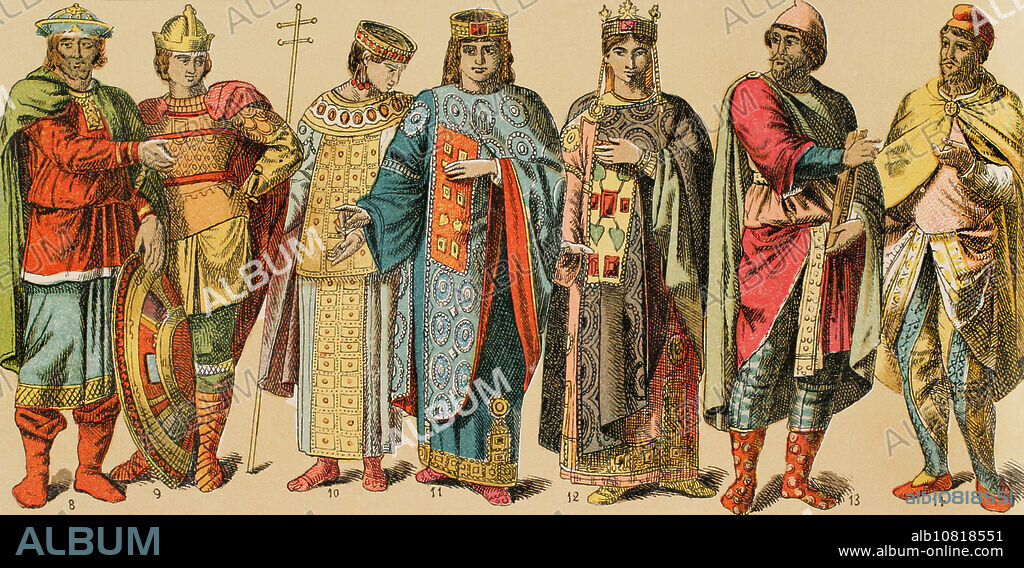 Bizantinos, 1000-1200. De izquierda a derecha, 8-9: guerreros, 10: traje regio, 11: emperatriz, 12: traje regio femenino, con estola, túnica y manto, 13-14: traje varonil. Gorro frigio. Cromolitografía. "Historia Universal", por César Cantú. Tomo V, 1884.