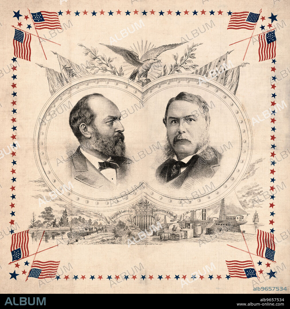 General James A. Garfield & General Chester A. Arthur, Campaign Banner during 1880 Presidential Election, Lithograph, Joseph Laing, 1880.