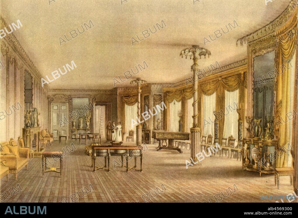 The North Drawing-Room, Royal Pavilion, Brighton, East Sussex, 1824, (1946). View of one of the drawing-rooms in the Pavilion, the Regency Indo-Saracenic seaside retreat of George, Prince of Wales, with interior design by John Nash. Supporting columns are disguised as palm trees. From "British Furniture Makers', by John Gloag. [Collins, London, 1946].