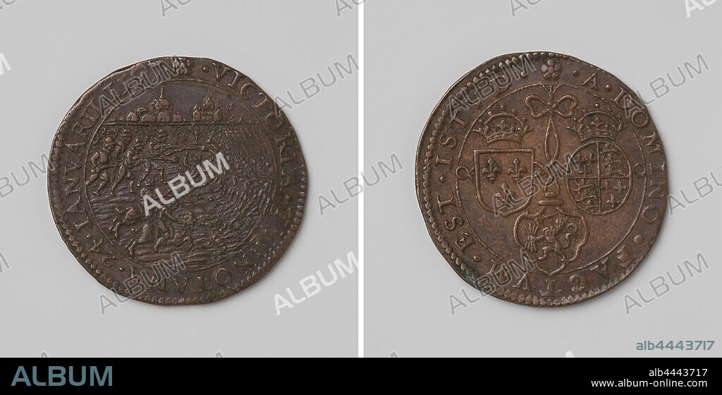 Victory in the Battle of Turnhout, Copper Medal. Front: State troops expel the Spaniards, in background view of the city of Turnhout within an inscription. Reverse: three coats of arms connected by a ribbon inside a circle, Turnhout, anonymous, Dordrecht, 1597, copper (metal), striking (metalworking), d 2.9 cm × w 6.17 gr.