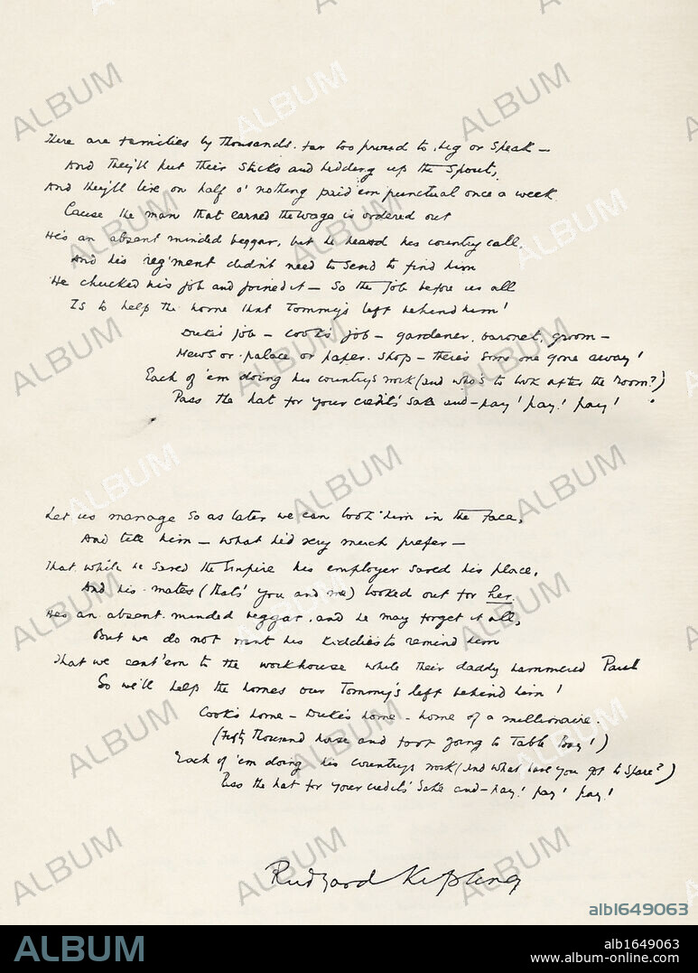 Sample of Rudyard Kipling handwriting. The Absent Minded Beggar stanzas three and four. From a facsimile printed by the Daily Mail publishing company 1900. From the book South Africa and the Transvaal War by Louis Creswicke, published 1900.