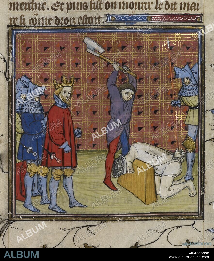 (Miniature) Leaders of the Jacquerie uprising against the French nobility beheaded on the orders of the King of Navarre. Chroniques de France ou de St. Denis. End of 14th century. Source: Royal 20 C. VII, f.134v. Language: French.