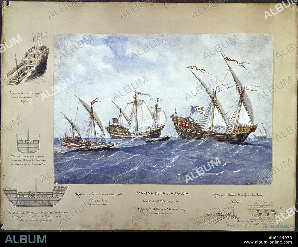 RAFAEL MONLEON. MARINA DE LA EDAD MEDIA DIVERSAS NAVES DEL S XIII - ACUARELA SIGLO XIX.
